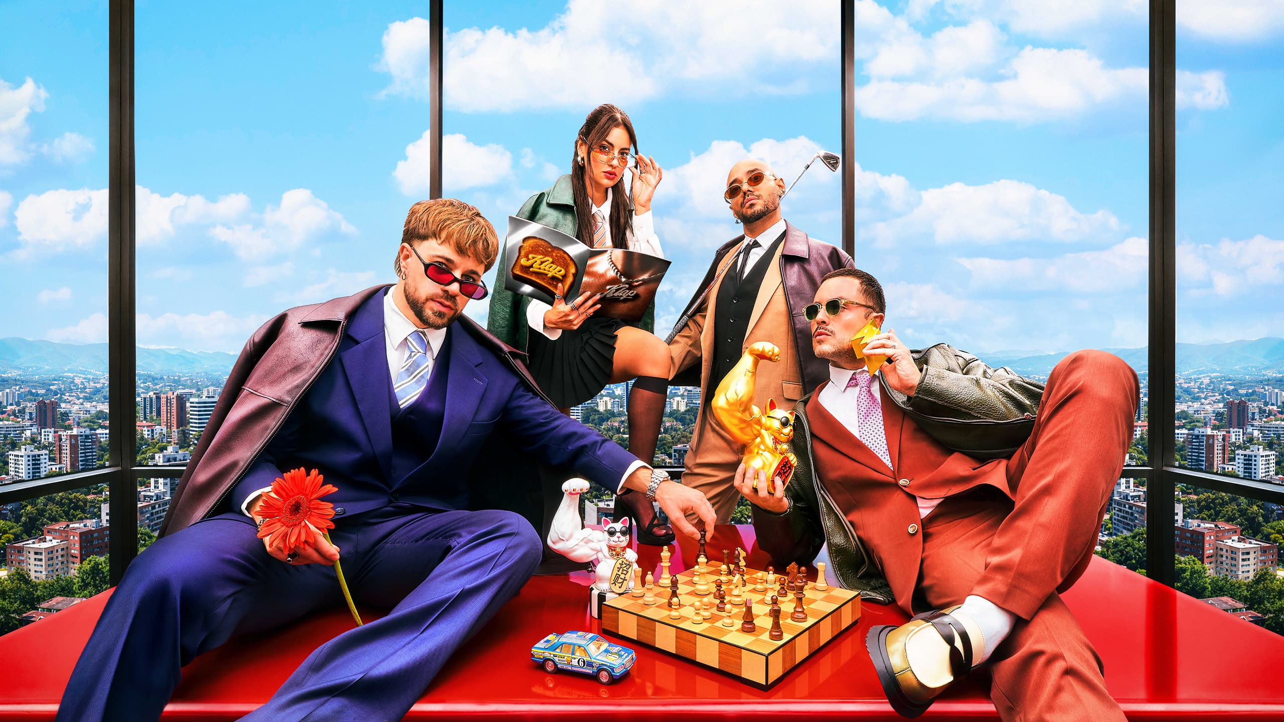 The Klap creative team posing around a chessboard