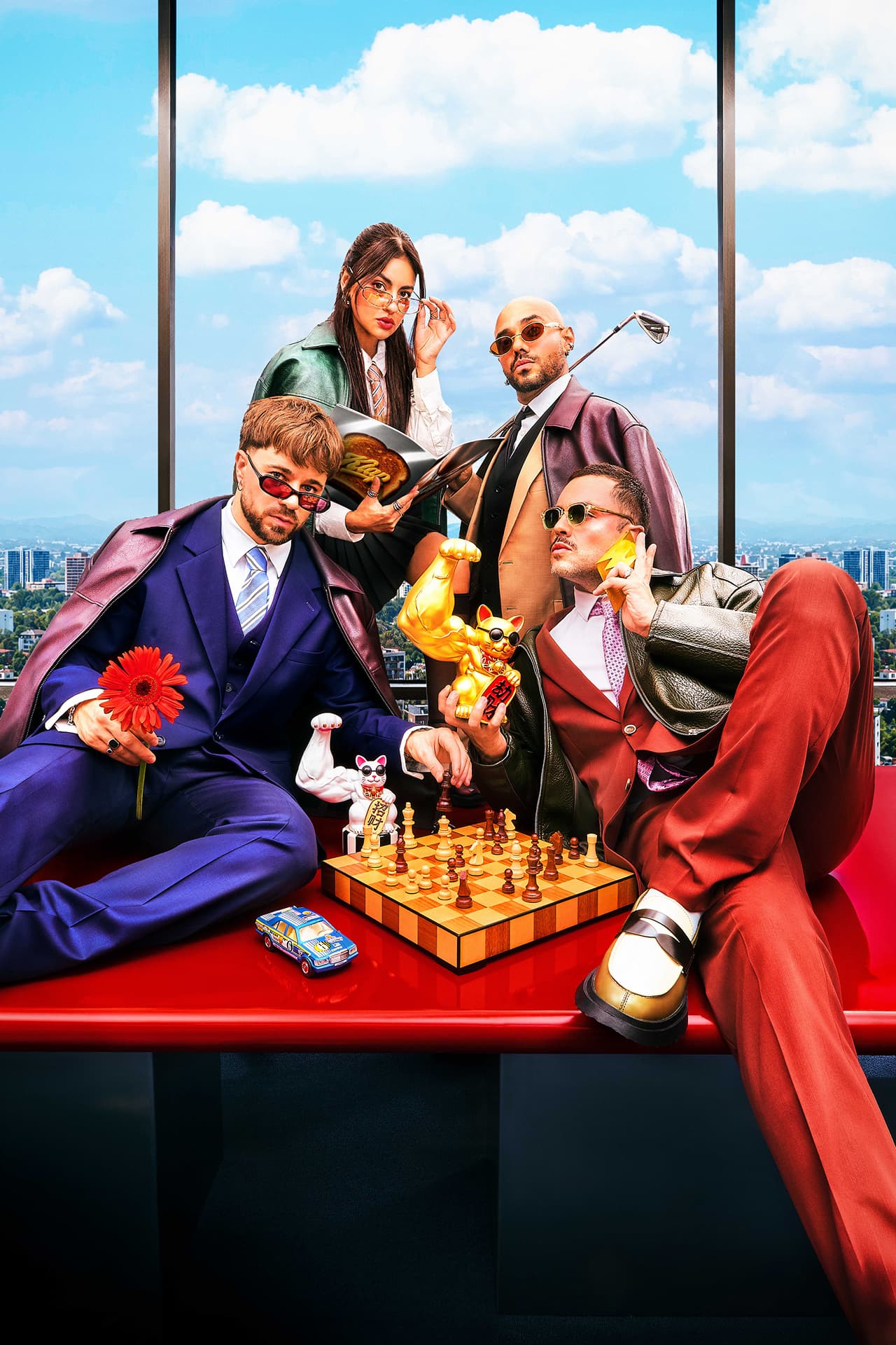 The Klap creative team posing around a chessboard